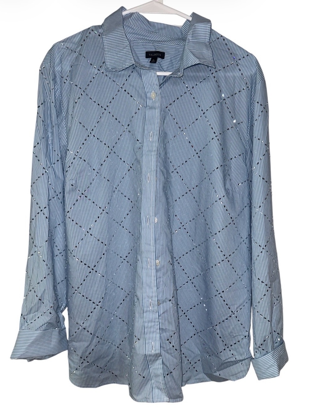 Talbots Light Blue Striped Rhinestone Stud Diamond-Pattern Dress Shirt Size XL